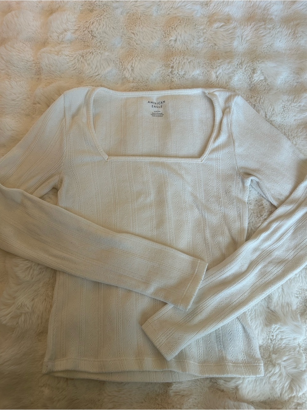 American Eagle Outfitters Cream Ribbed Square-Neck Long-Sleeve Top